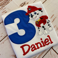 Camisa de cumpleaños de Paw Patrol Marshall, camisa de cumpleaños de superhéroe, camisa bordada de perro rojo, camisa de número de Paw Patrol